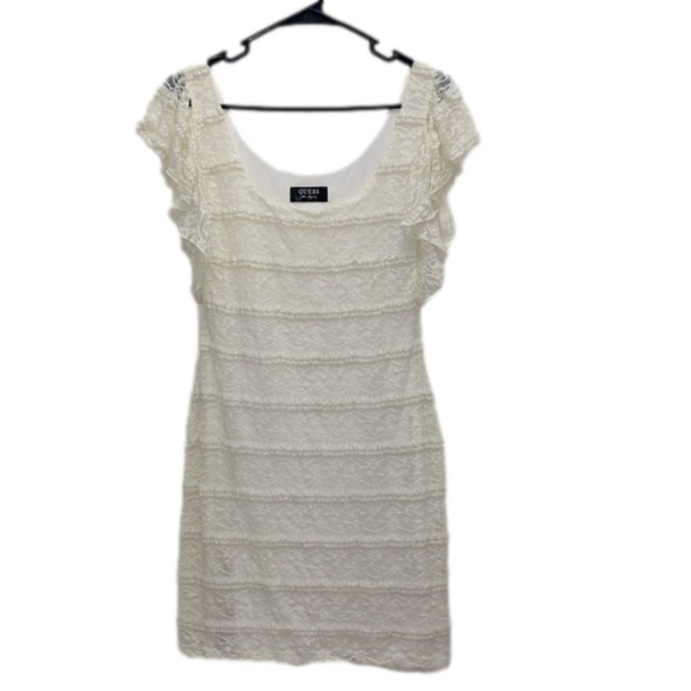 Guess bodycon ruffle lace ivory lined dress size medium